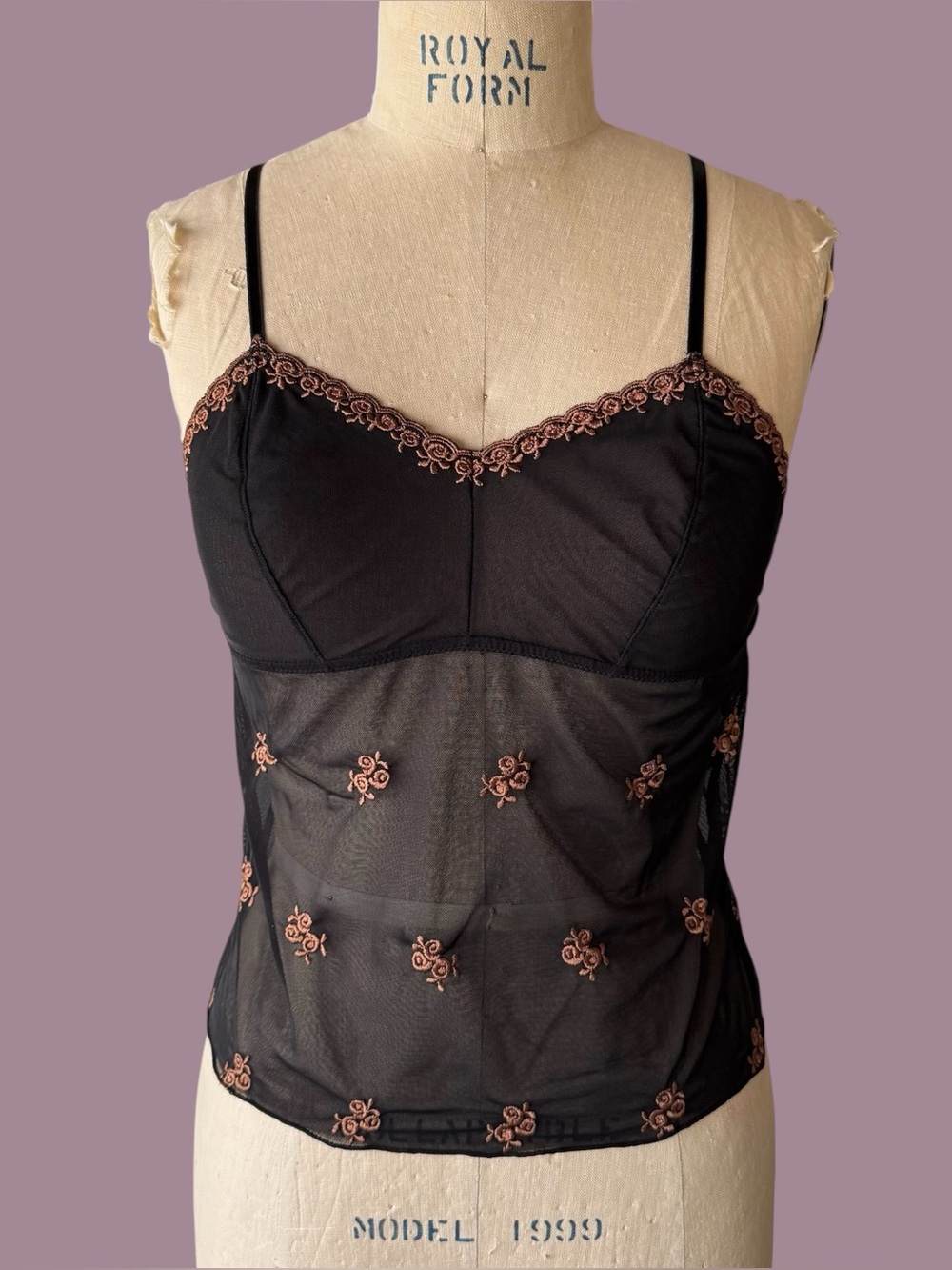 Vintage 90s TCM Euro Black Mesh Embroidered Cami Top